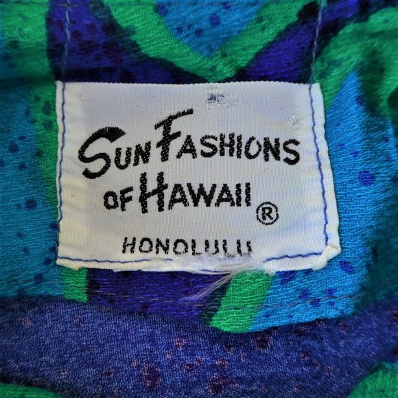 Vintage 60s Sun Fashion of Hawaii Tunic Mod Blue Mandarin Band Collar Bark Cloth - Picture 10 of 10